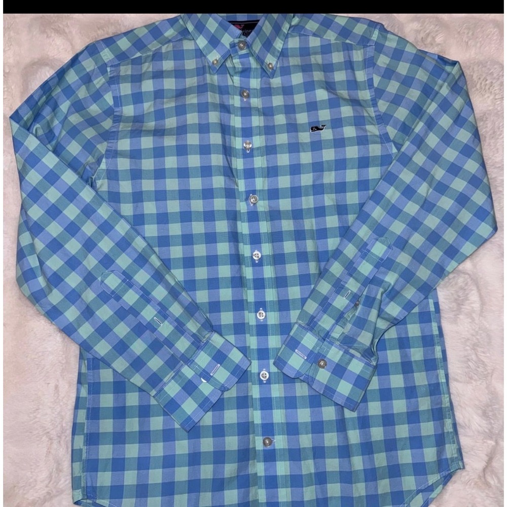 Vineyard Vines Slim Fit Whale Shirt Mens Small Blue Green Gingham Button Down
